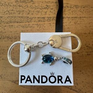 Authentic Pandora Silver Keychain and Blue Turtle Charm